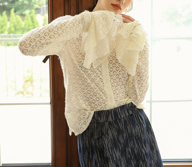 mesh lace bell sleeve tops【202320271】