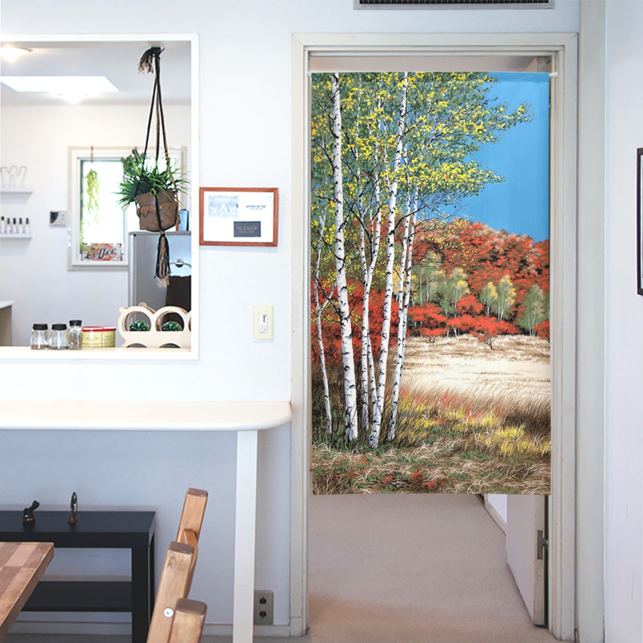 【受注生産】 のれん  紅葉白樺  幅85ｘ丈150cm