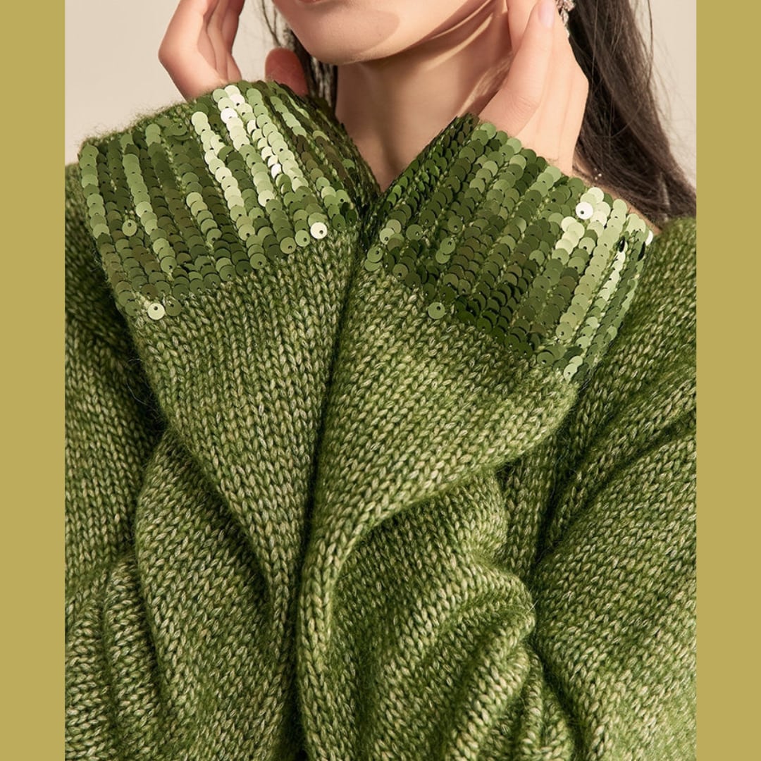 Olive Sparkle Cuff & Hem Sweater S0205