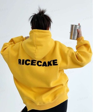 ★予約★D-1316　2026秋新作♡RICECAKEフェイクレザーラベル付きパッチワーク刺繍ロゴフーディー　イエロー