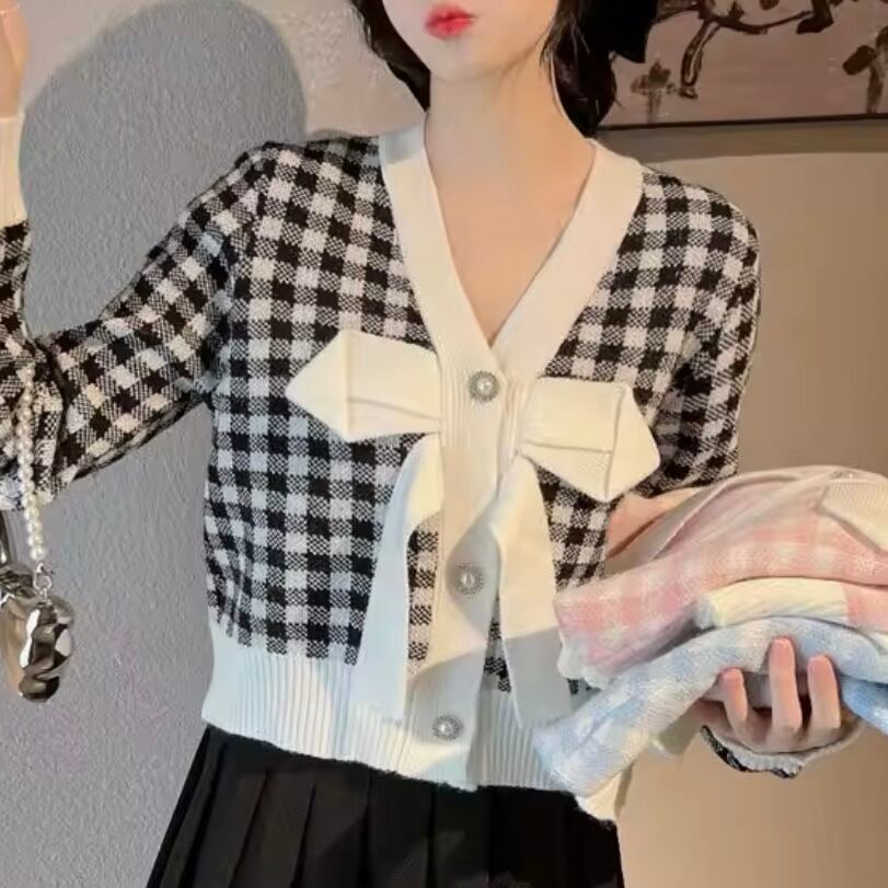 ブロックチェックリボンカーディガン