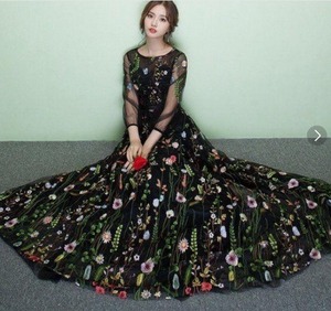 ★送料無料★7号（S)☆トレンド刺繍花柄チュ－ルロングドレス(OPN2248）