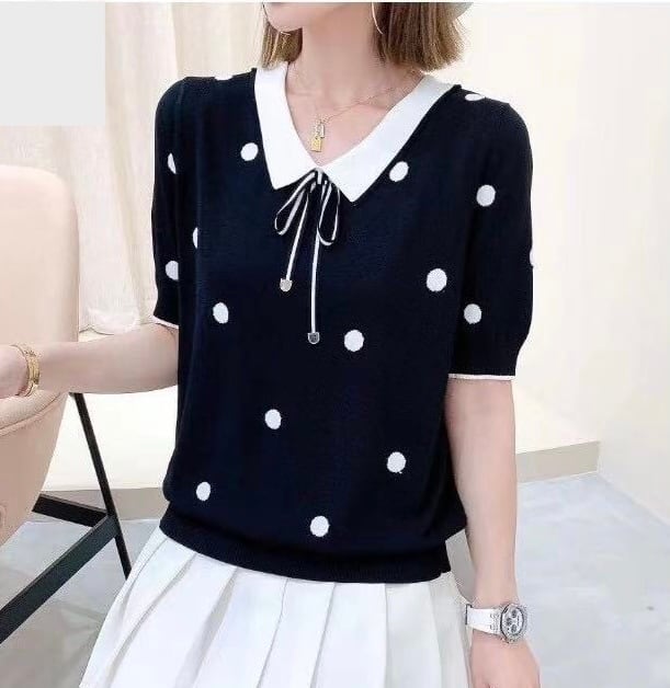 ドットデザインニット 可愛いコーデ リボン 水玉好き 水玉模様 ドット