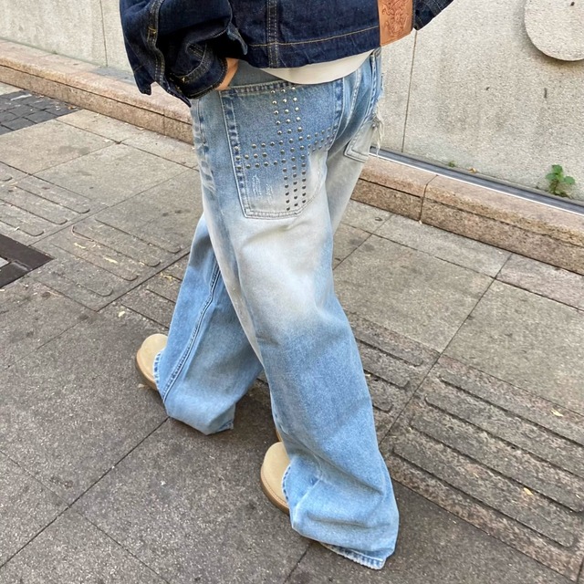 スタッズバッククロスワイドラインデニムパンツ 1col   R01844