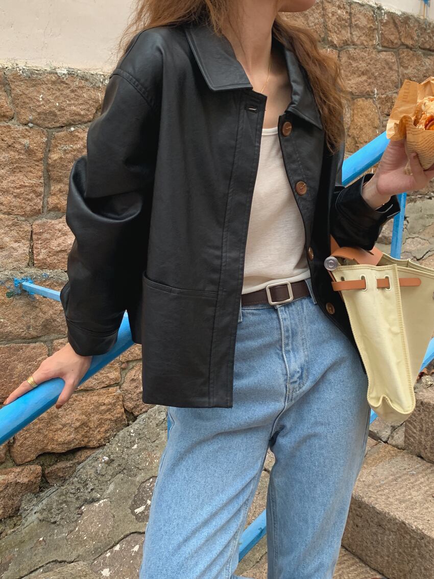 シャツ ブラックレザージャケット オータムウィンタースタンダードカジュアルカラーロングルーズ レトロ 長袖 秋物 冬物 ビッグFスモールZ韓国68967139662