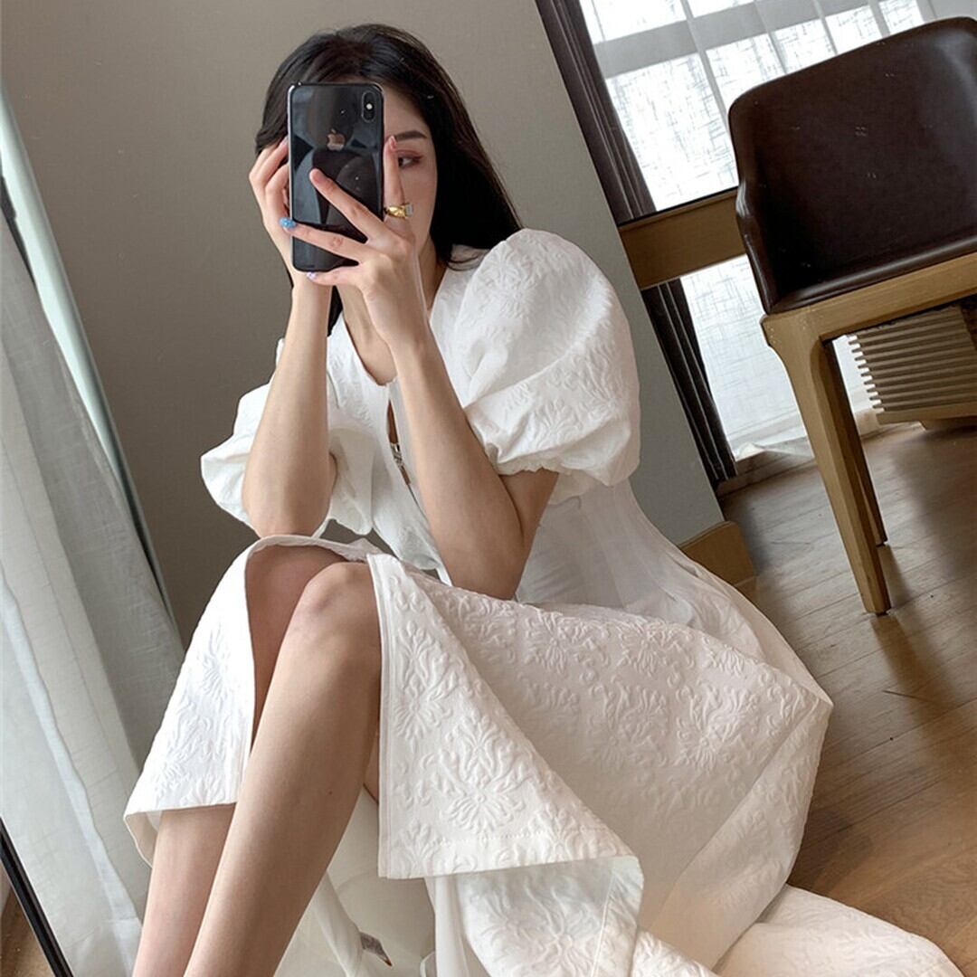 女神 パフスリーブ ジッパー ロングスカート 大きい裾 気高い