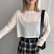 crew neck tulle sheer short tops/offwhite