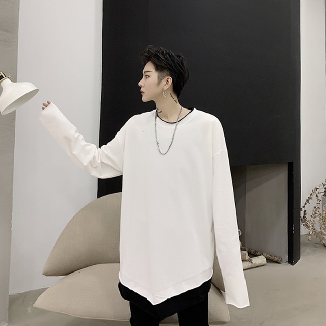 レイヤード 重ね着 トレーナー スモック メンズ ユニセックス 黒 白 ブラック ホワイト モード系 カットソー Tシャツ ロング丈 イレギュラーヘム ビッグシルエット オーバーサイズ シンプル 韓国 原宿系 カジュアル ロングシャツ ドロップショルダー スウェット お