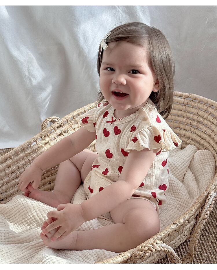 肩フリルリブ透かしコットンロンパース