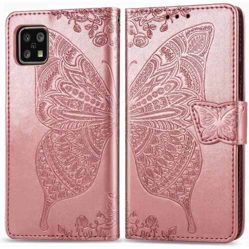 対応AQUOS sense4 doo SH-41A sense5G SH-53A au SHG03 sense4 lite sense4 basic ケース 手帳型 ノートブック型携帯保護カバー多機能携帯ホルスター財布携帯ホルダーバンプパターンテクスチャ耐久性摩擦耐性携帯ケース男性と女性に適した多色オプション バタフライローズゴールド 646