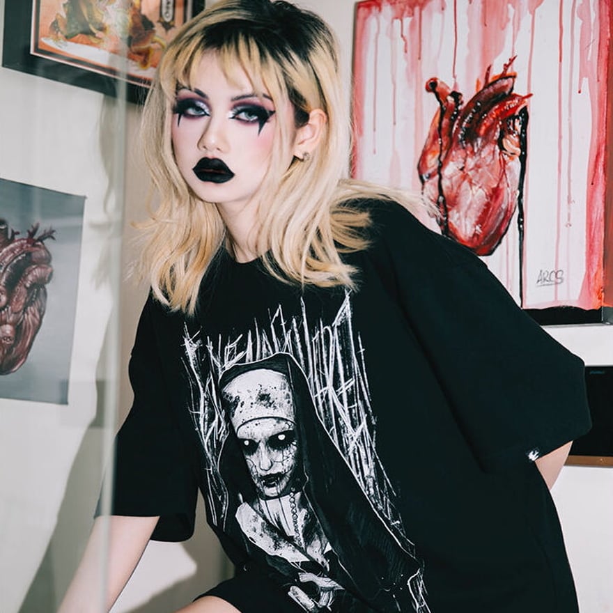 即納M】 Tシャツ 半袖 ホラー ゾンビ シスター プリント パンク系 病み