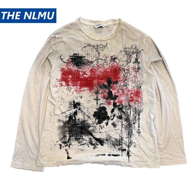 ヴィンテージ長袖 Tシャツ落書きグラフィックダーティウォッシュ Tシャツルーズカジュアル Tシャツトップスユニセックスレトロ Tシャツ Y2K