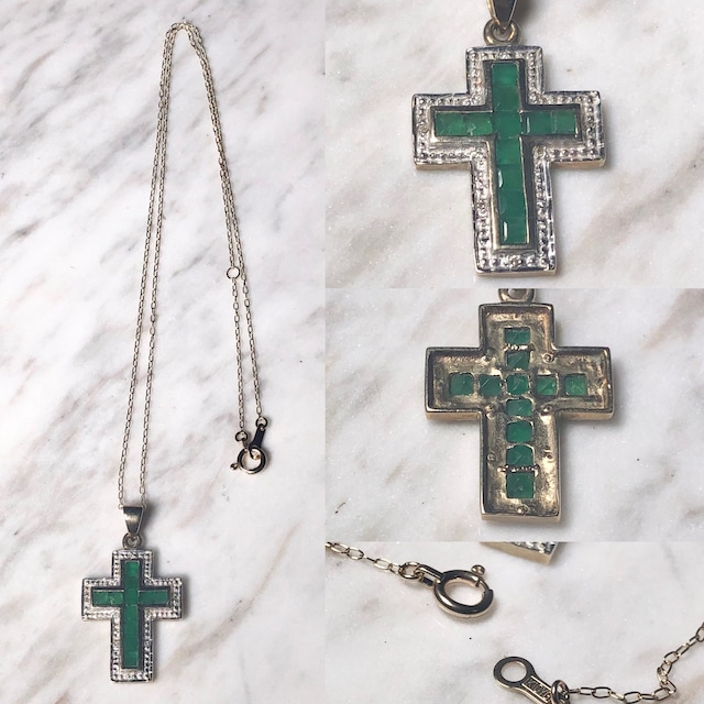 vintage cross motif 9ct gold pendant set with emerald