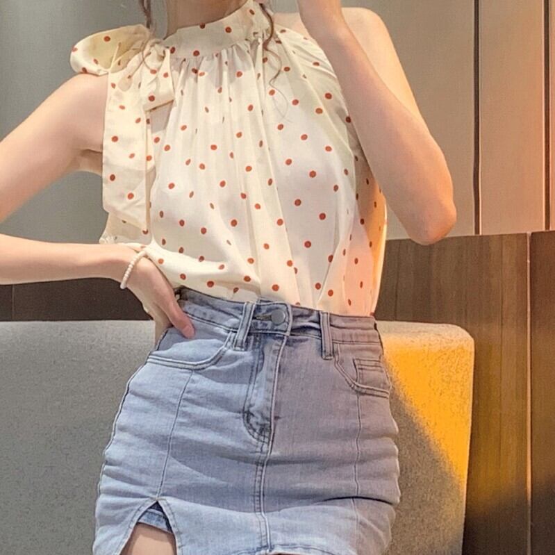 トップス ノースリーブ ドット ハイネック ホルターネック リボン