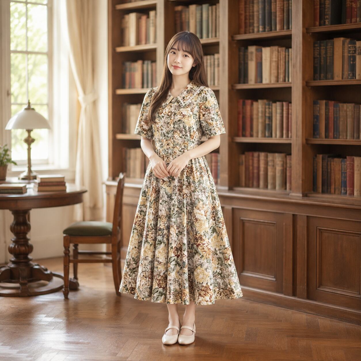 パリで購入❤︎昭和レトロ　花柄　フラワー柄ワンピース 昭和レトロ 花柄 半袖ロングワンピース 総柄 刺繍入り襟 ホワイト M