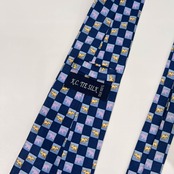 K.C. TIE SILK シルク100% 象柄 ブロックチェック 総柄 ネクタイ ブルー