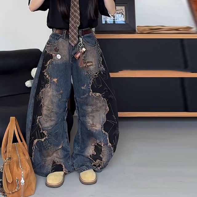 ヴィンテージウォッシュ加工ダメージカーブデニムパンツ
