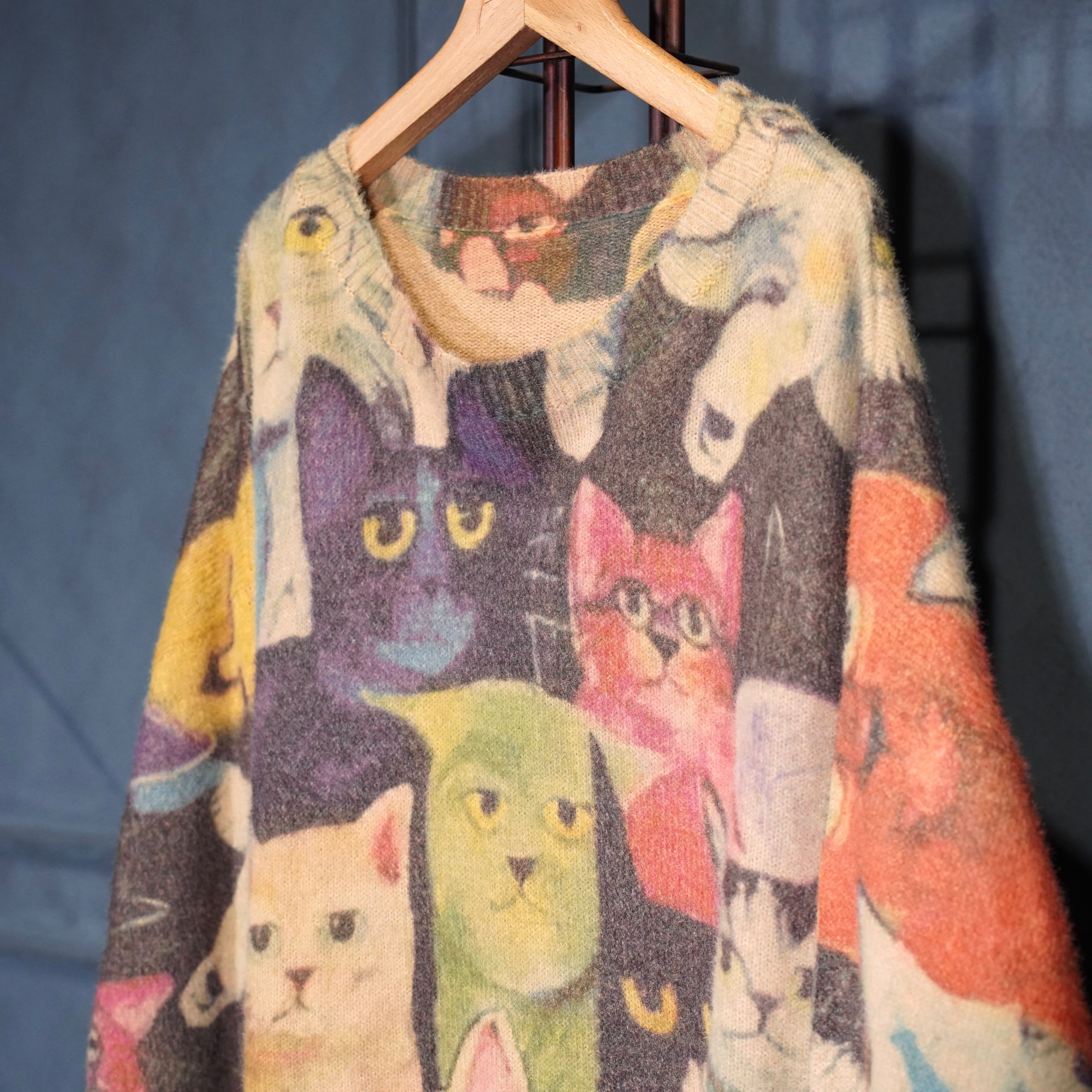 vintage ウルグアイ製 猫柄アートニット 民芸ラグ風 ヴィンテージ ジュビリー Jubilee 猫柄 ジャガード織 ラグ マット スローケット