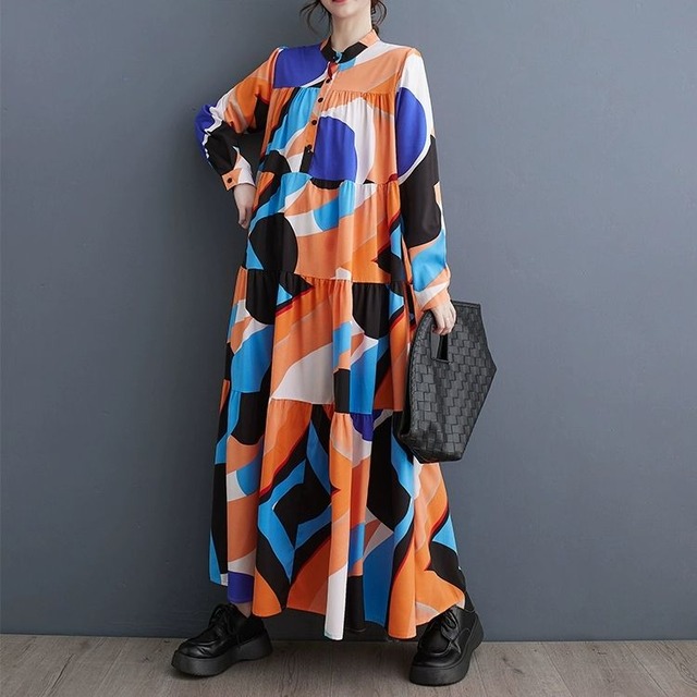 PRINT STAND COLLAR LONG SLEEVES LONG TIERED SHIRT DRESS 1color M-8663