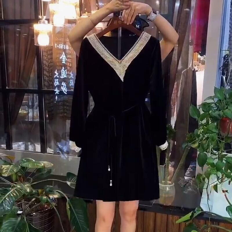 ファットシスターmmプラスサイズ婦人服2020秋新作Vネック長袖ウエストスリミングロングスカート気質の高いワンピース ミックスインファッション73803150190