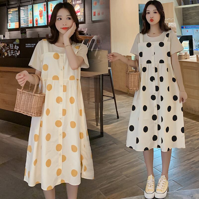 【新作】【送料無料】 新しいルーズファッションの水玉模様の偽の2つのミディアムレングスプラスサイズのマタニティドレスのマタニティウェア2019夏バージョン-アリババ 大きめサイズ サマー 夏物 expec287688735289