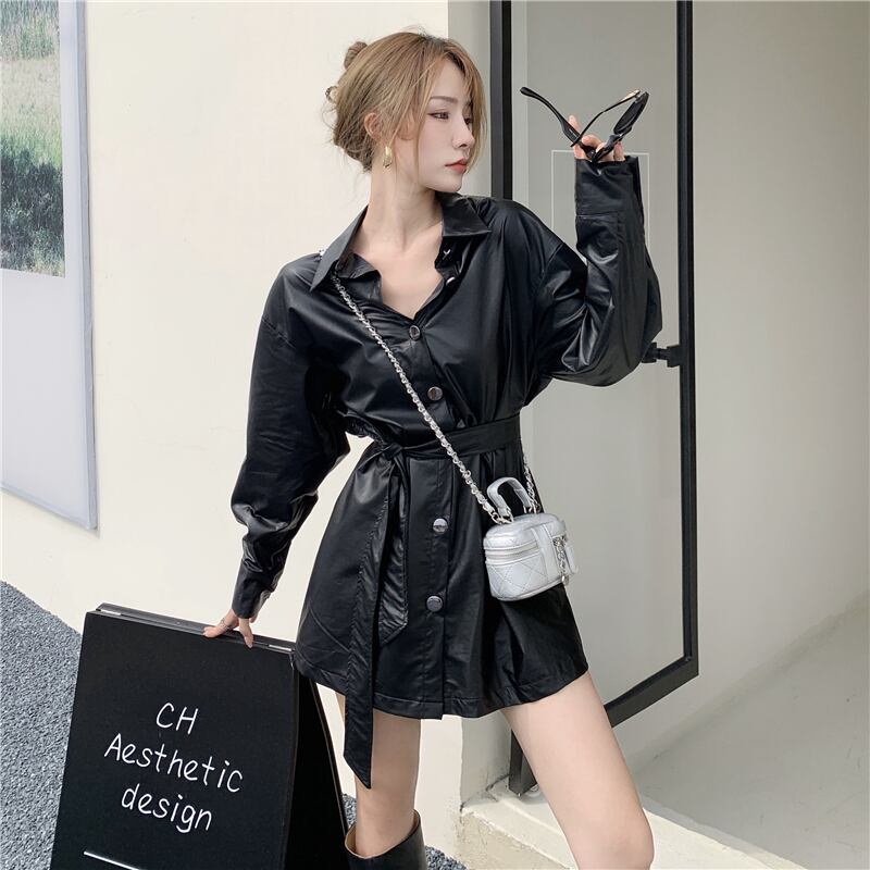 ブラックレザージャケット オータムスタイルシャツ 秋物 ガールズファッション60036215715