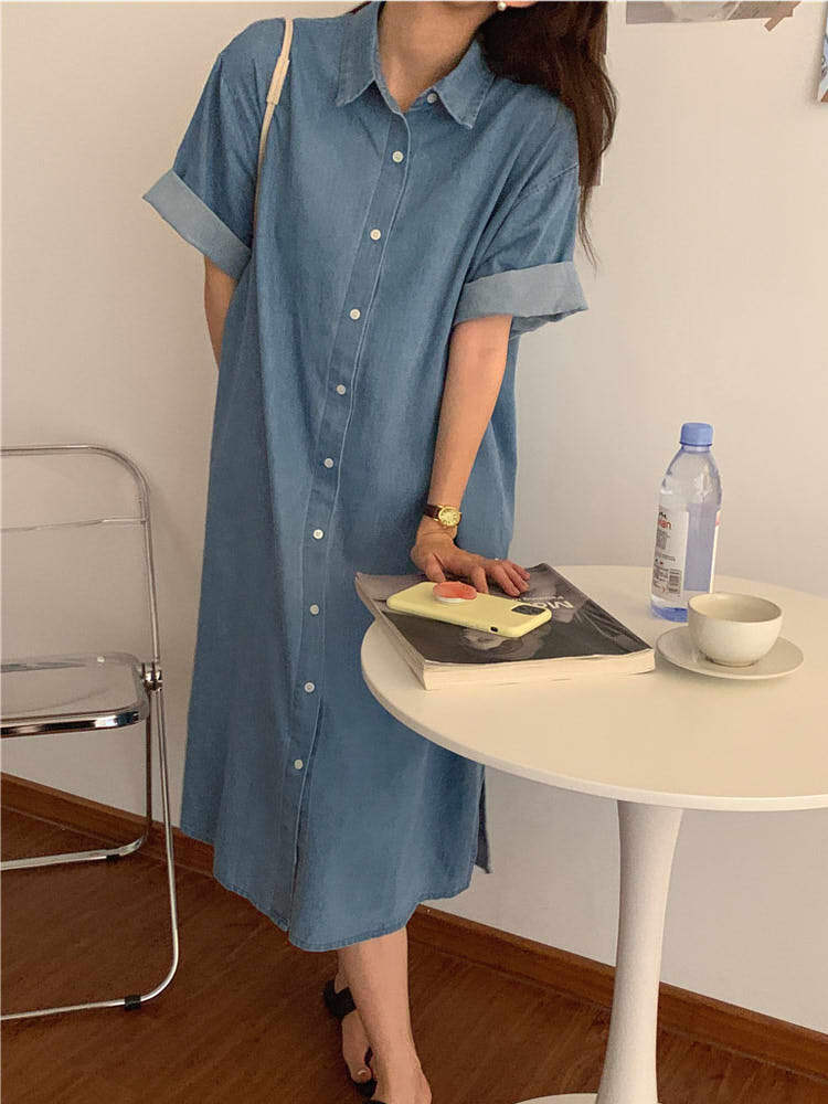 春っぽデニムで垢抜けシャレ見え シンプルデニムシャツワンピース カジュアルコーデ 人気 夏 大きいサイズ 韓国 CH8759