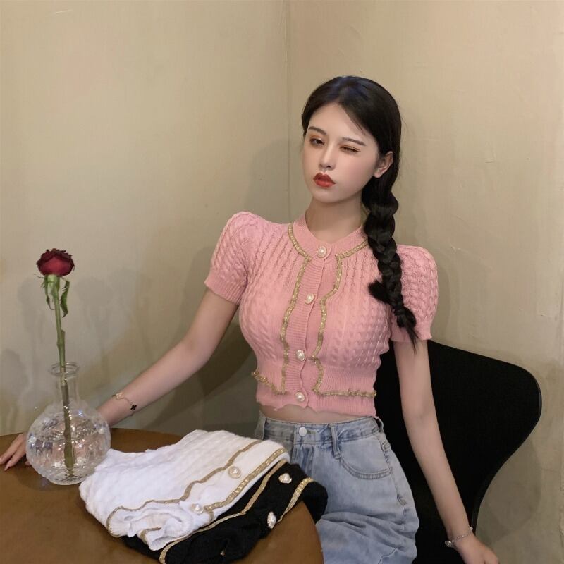 ショートニットカーディガンサマー薄手ジャケット 夏物 シルク ブラックストロベリース50161386517