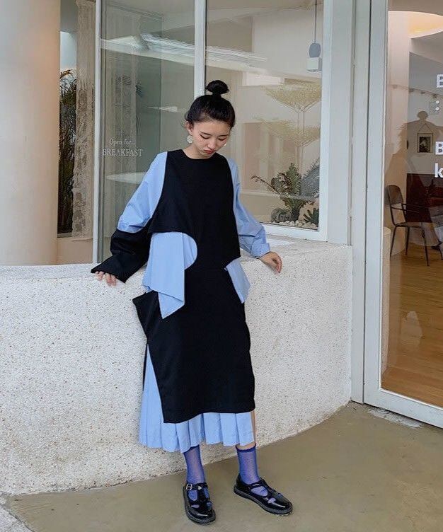 春夏 モード系 レイヤード デザイン アシンメトリー ロング丈 ワンピース ドレス 左右非対称 ブルー ブラック Lon190 Top Mode