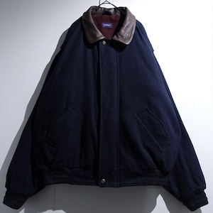 90s "GANT" Navy Brown Leather Collar Chin Strap Design Wool Blouson