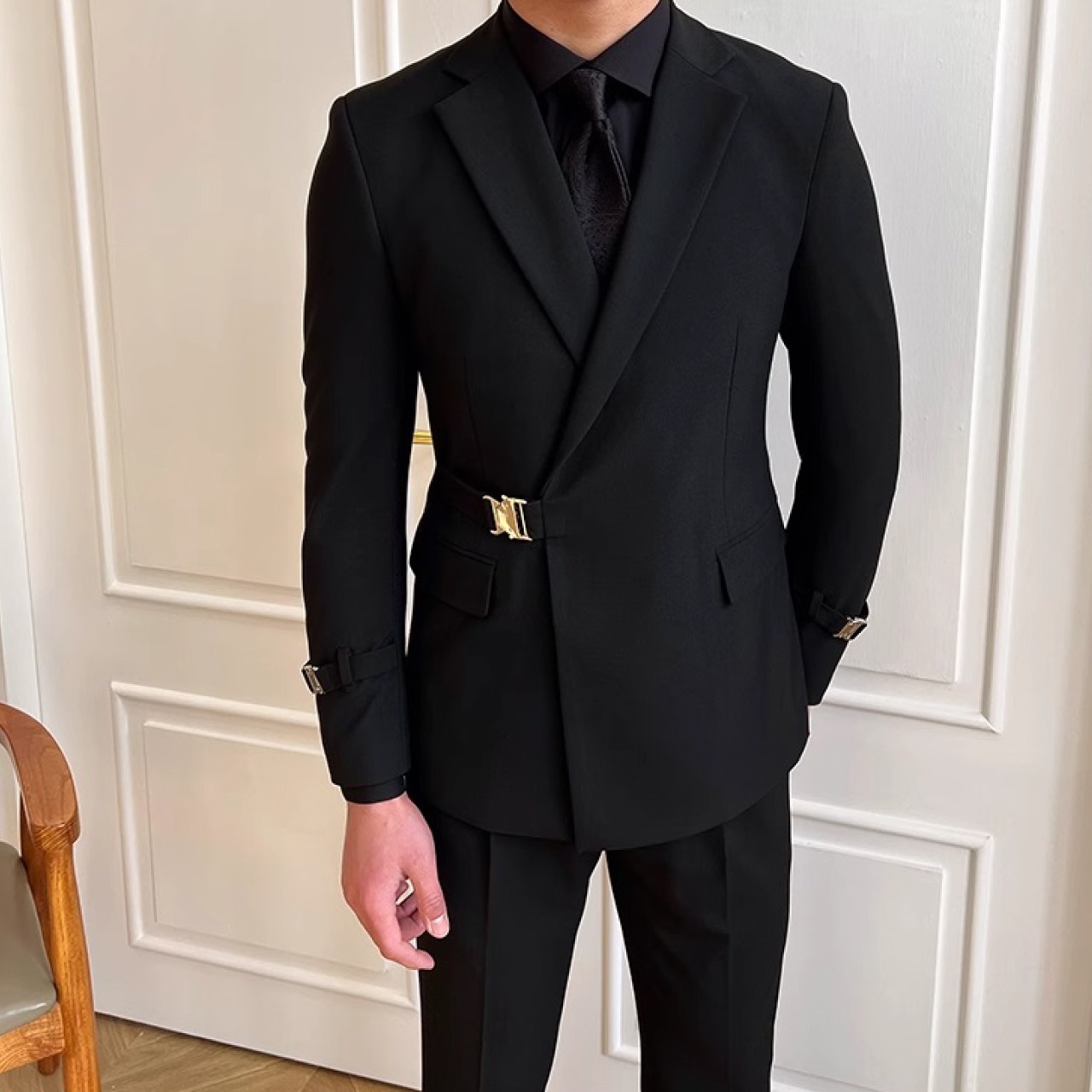 韓国スーツ 宴会 通勤 スリム カジュアル 多用途 英国 デイリー スーツ ブラック　SU012