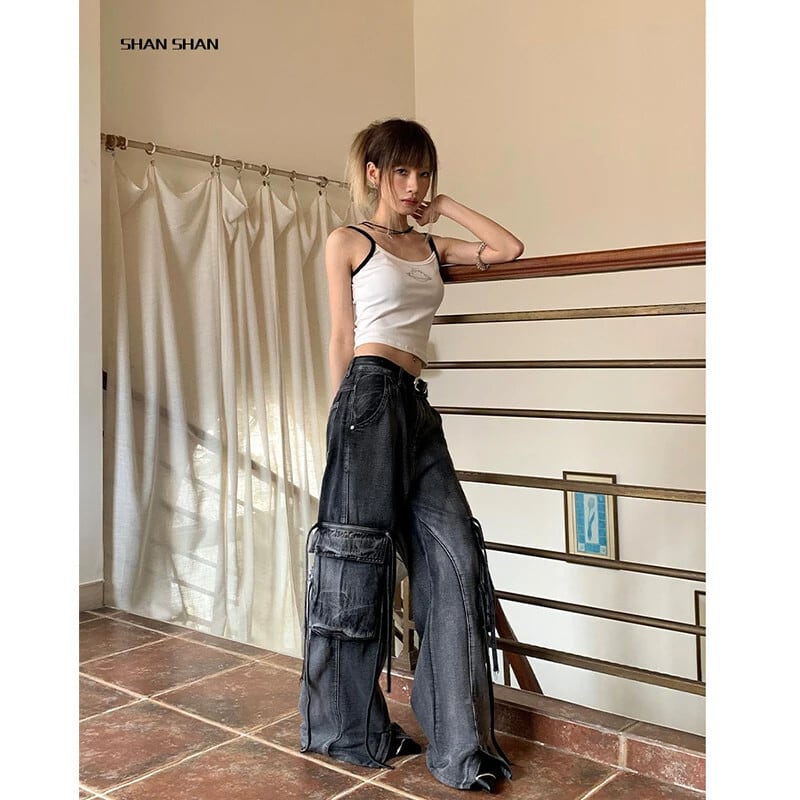 【Y2K 2WAY】 ボンデージ デニム カーゴパンツ ブラック ワイド 30 Y2K 2WAY】 ボンデージ デニム カーゴパンツ ブラック ワイド 30 Y2K