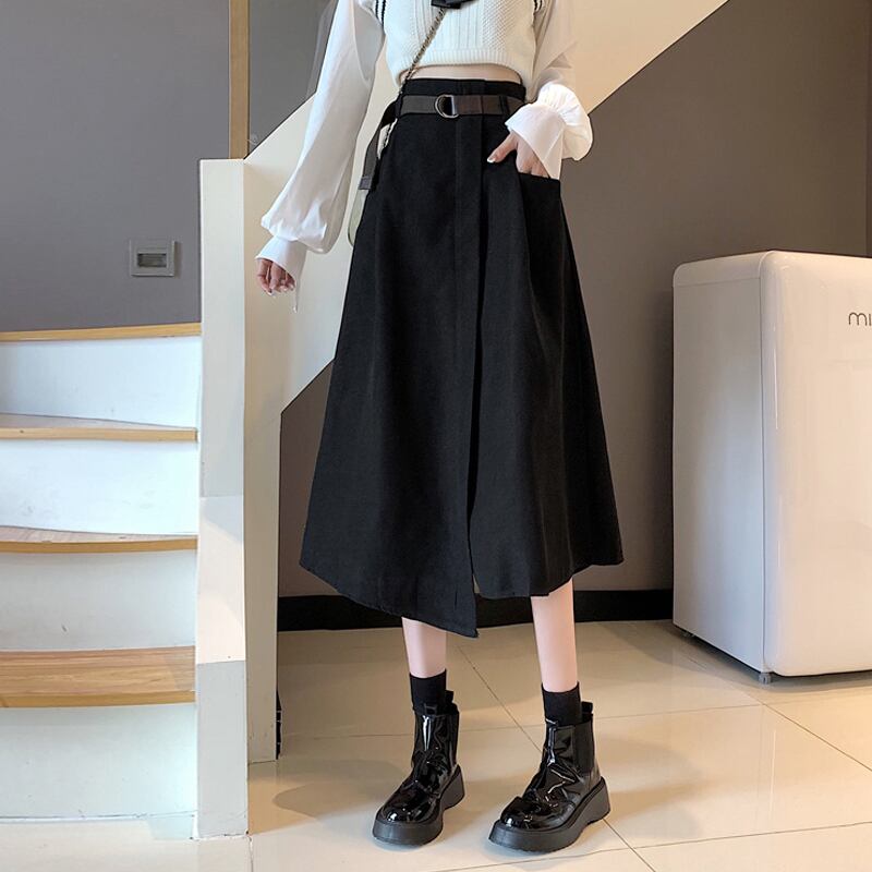 ブラックスカート スプリングオータムAラインハイウェストウェストロング 春物 秋物 試着室60761062000