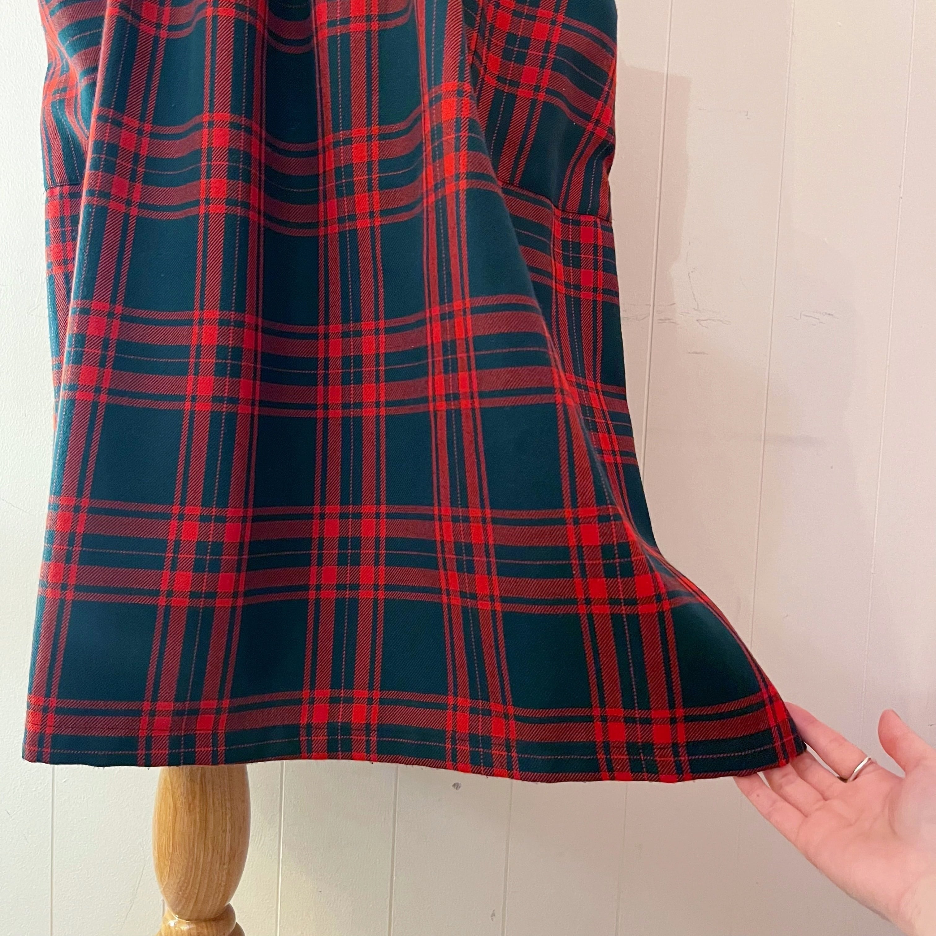 red check back button jumper skirt