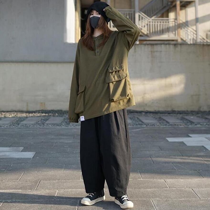 サブカル 服 地雷系 通販 トップス 長袖 ポケット付き ボタン かわいい おしゃれ カジュアル 無地 ゆったり ワッフル生地