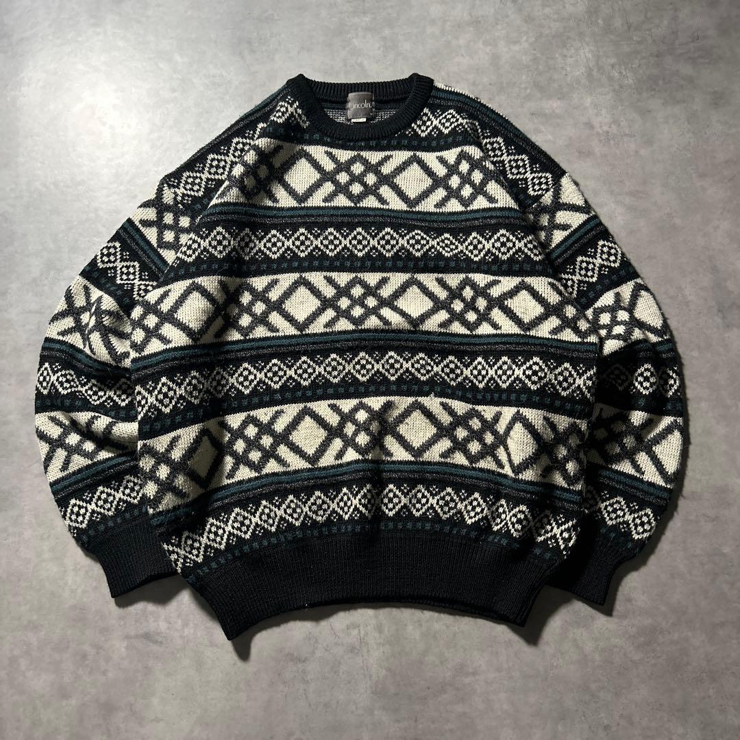ヴィンテージ ノルディック 幾何学 ヨーロピアン モノクロ ニット セーター