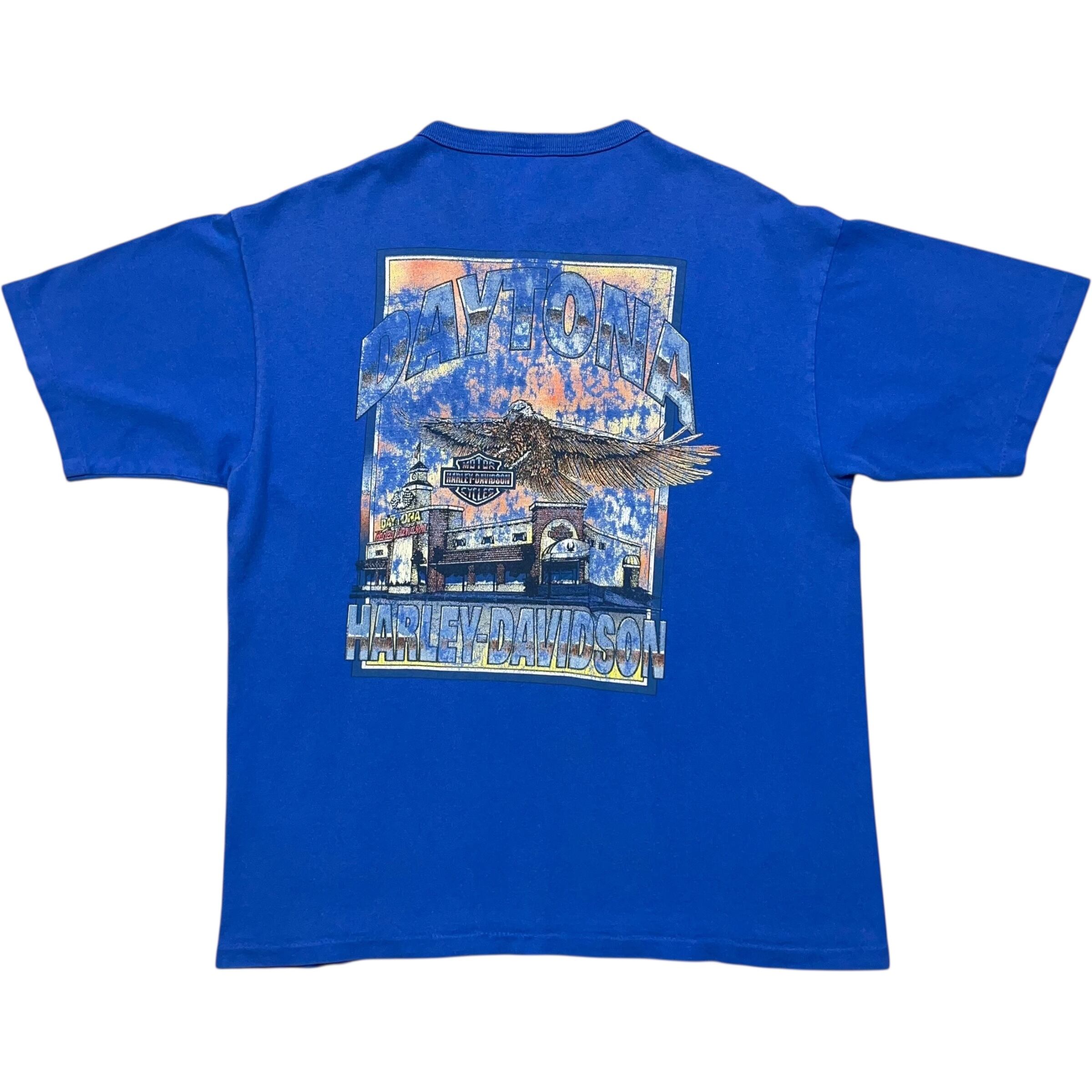 《L》 COTTON DELUXE Harley-Davidson ハーレーダビッドソン Tシャツ ワンポイント 刺繍 バックプリント ヘンリーネック ブルー シングルステッチ 90年代 vintage no.7525