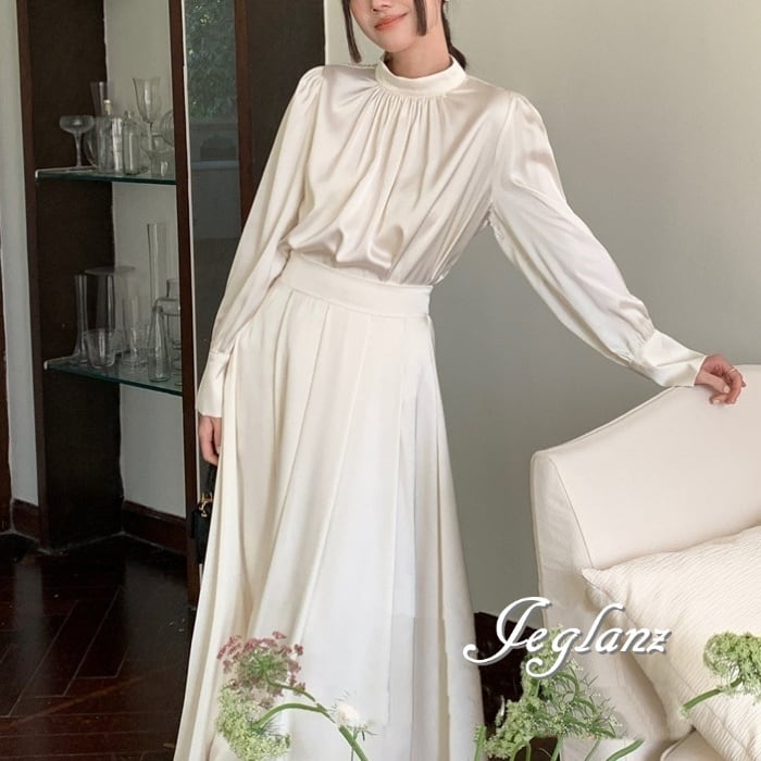 セットアップ 2点 サテン トップス マキシ スカート 光沢感 2色 ♪(M6398)