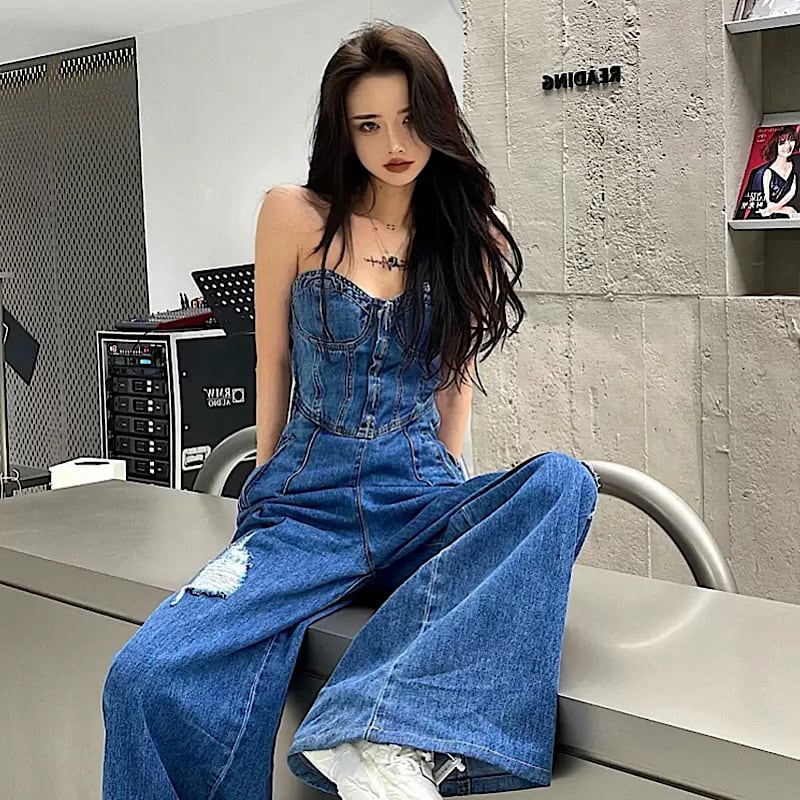 セクシー カジュアル デニム オールインワン ベアトップ ワイドパンツ メリハリ サロペット 色っぽ 大人っぽ ストリート ダメージ加工 ヴィンテージ 古着ライク Lamitte Deco トレンド 韓国ファッション ショップ Base店
