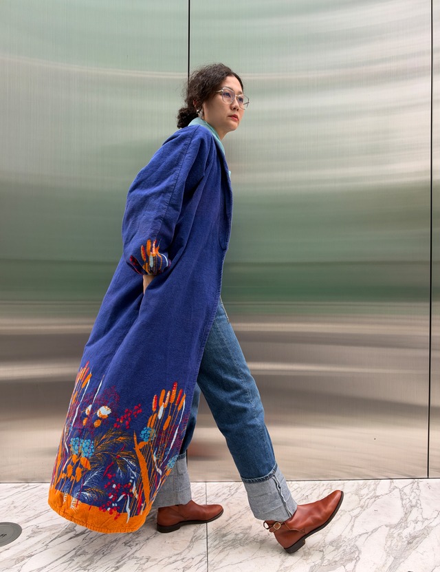 70s Euro blue × floral pile coat
