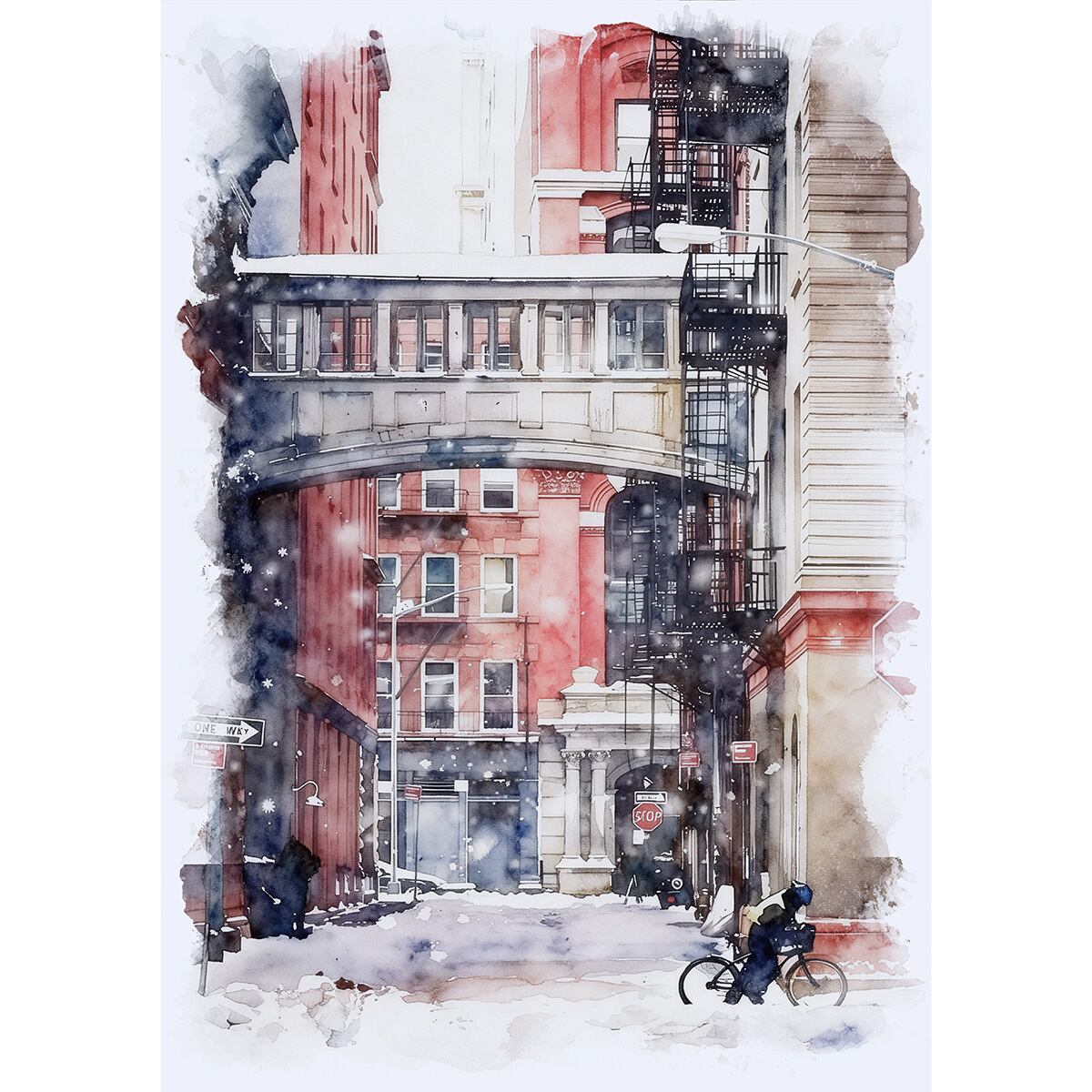 絵画 風景画(街並み) 冬 アメリカ ニューヨーク 雪のトライベッカ地区 インテリアアート額付き 水彩画・油絵風 WAT1016