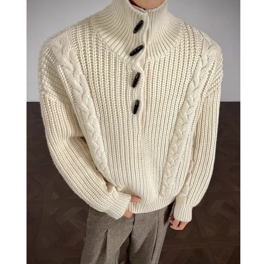 ローゲージ ケーブル編みハーフボタンニットプルオーバー 2カラー D12166