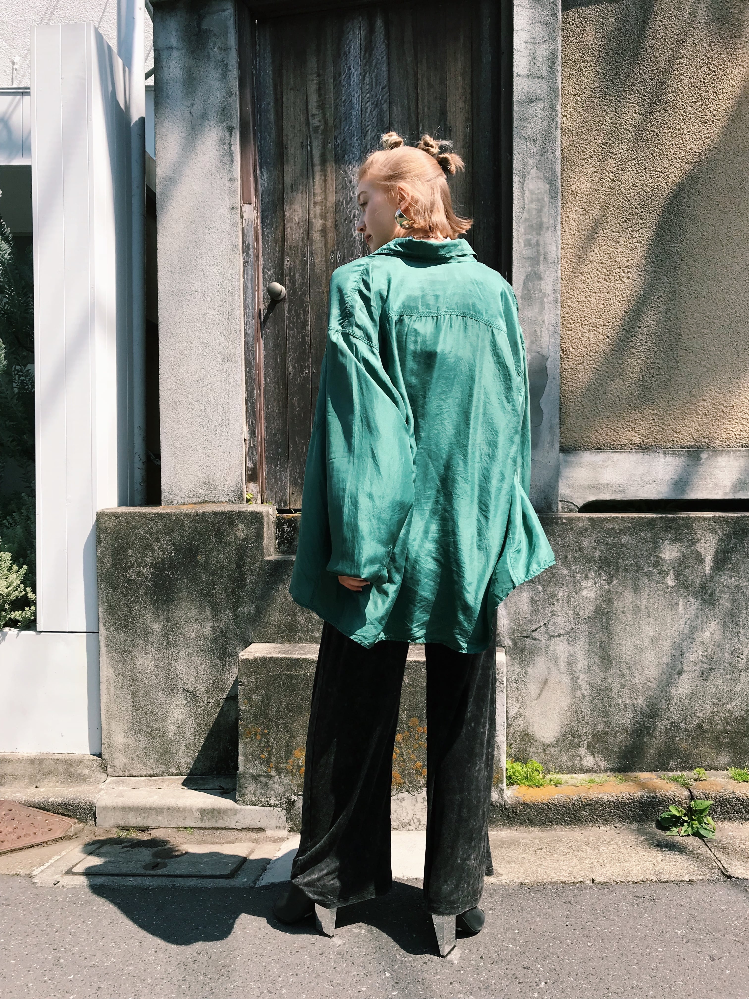 80s green big silk shirt ( ヴィンテージ グリーン ビッグ シルク ...