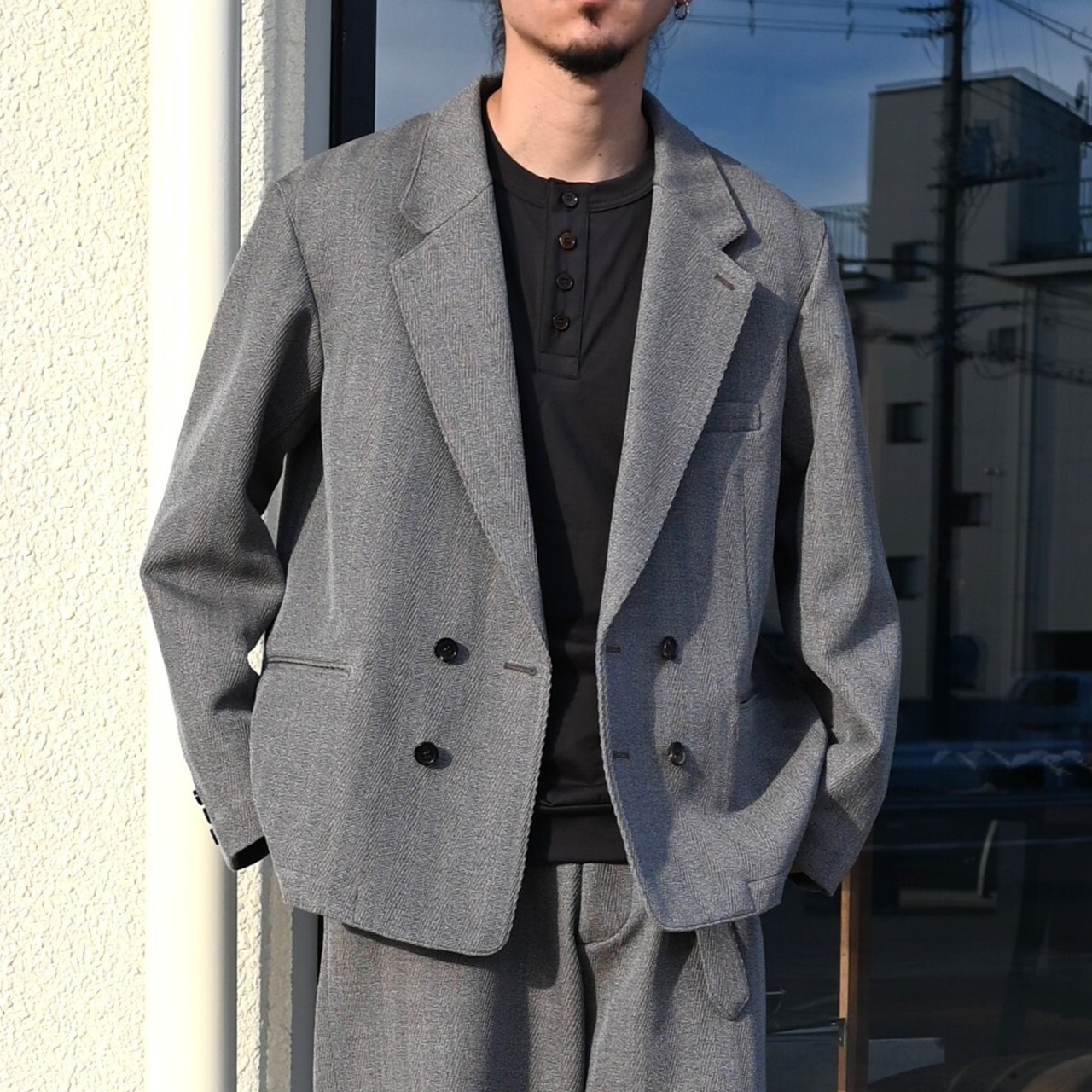 INTERIM / STRUCTURED DIAGONAL MELANGE WOOL DEADSTOCK PIPING DOUBLE JACKET