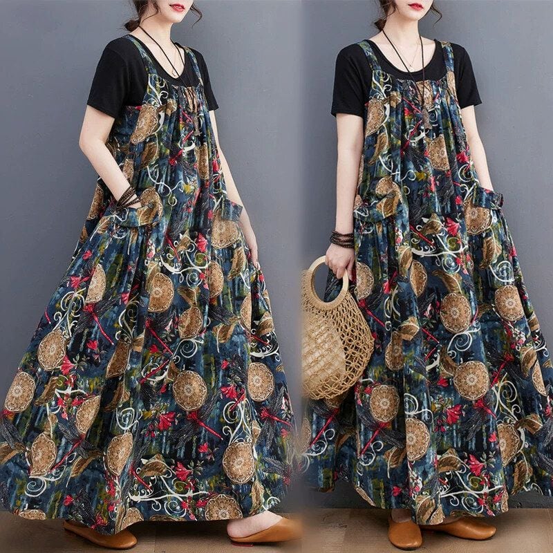 PRINT A-LINE MAXI JUMPER DRESS 1color M-14123