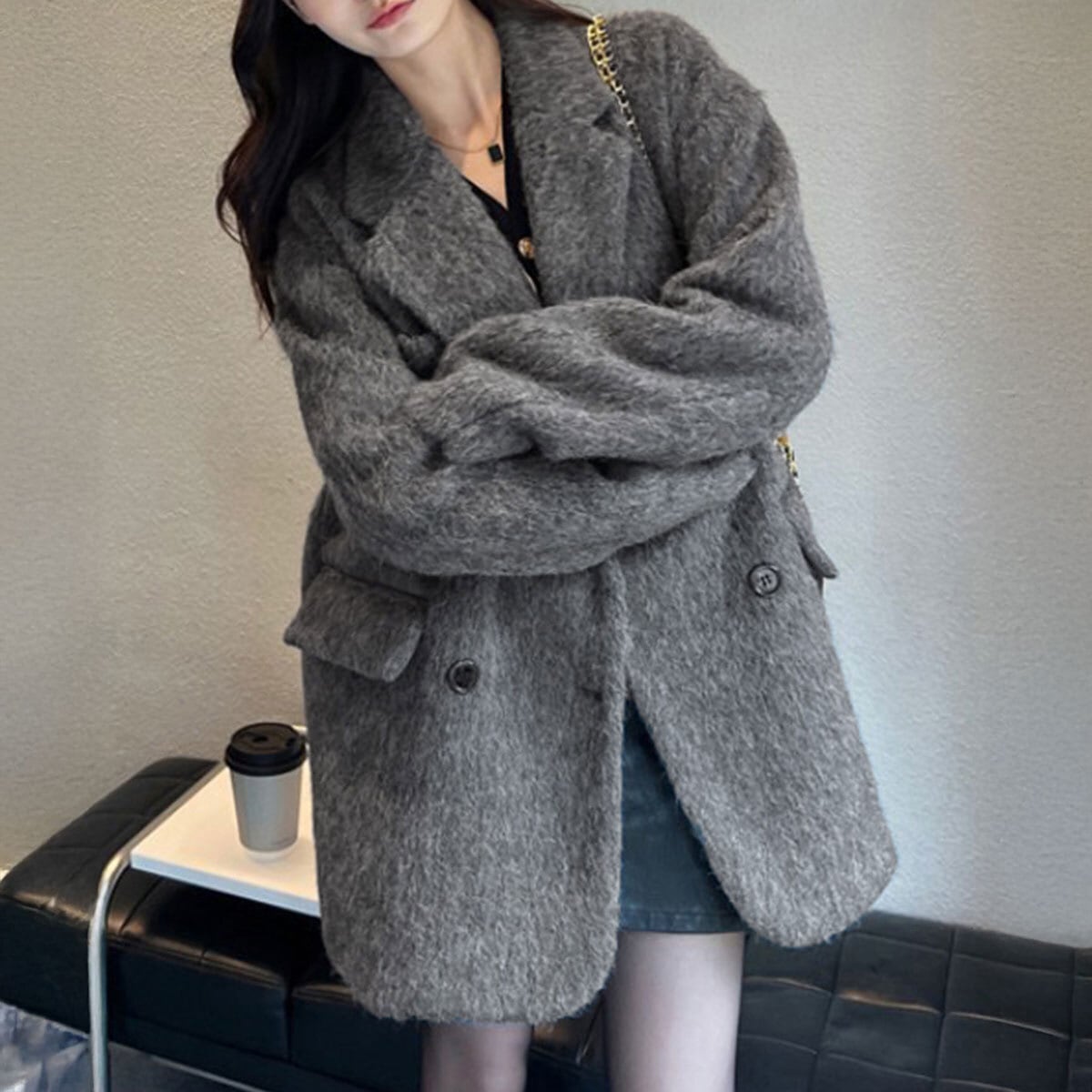 リッチシャギー ミドル丈 ジャケットコート レディース 秋冬 韓国 アウター きれいめ 大人 カジュアル 通勤 ビジネス オフィス おしゃれ 防寒 保温 暖かい 大人可愛い 大人女子