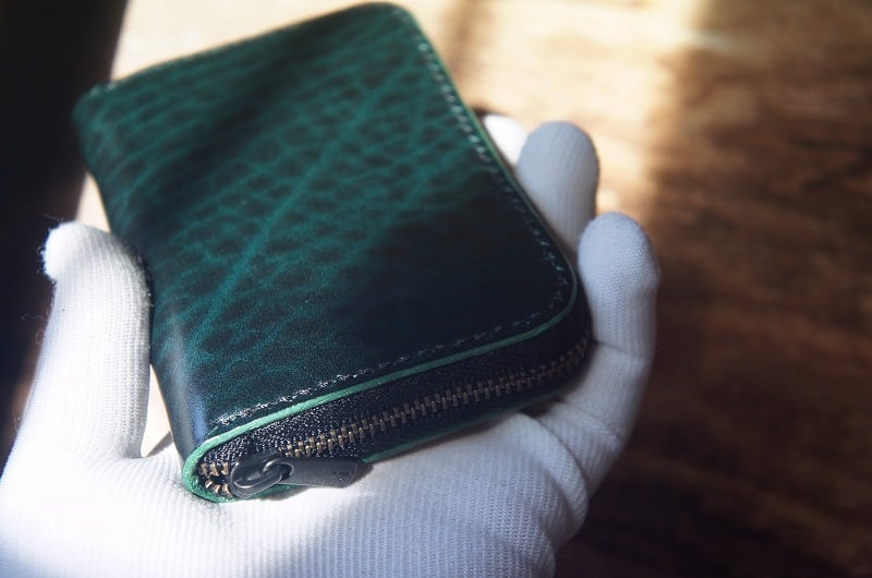 ルガトショルダーのミニラウンドファスナー【グリーン】｜手作り革財布