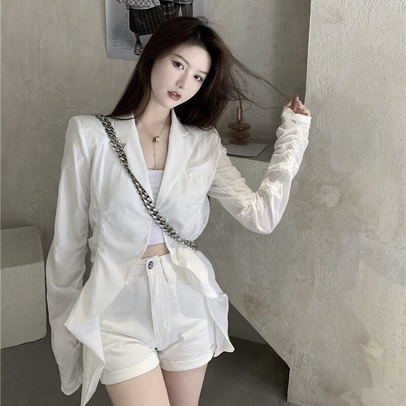 ルーズブラックフライドストリートスモールスーツジャケット女性秋薄ミドル丈カジュアルスーツデザイントップス ブラックストロベリース95495809635