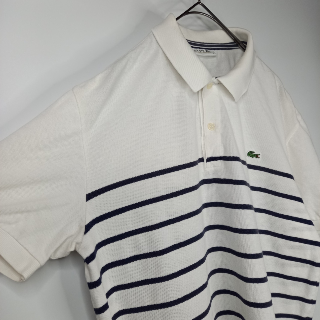 日本製　ラコステ　ポロシャツ　半袖　刺繍ロゴ　シェルボタン　ボーダー　ファブリカ