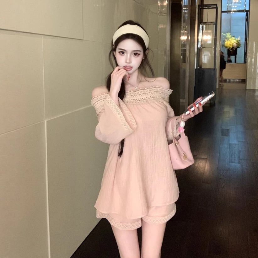 【set】レースドッキングトップス×ショートパンツセット M32645